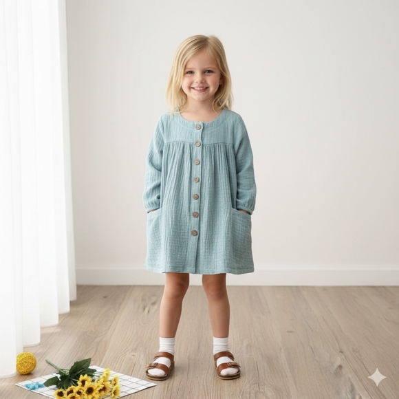 None Other - Boho Girl Dusty Blue Muslin Cotton Long Sleeve Dress Pockets Button Up Sz 4-5